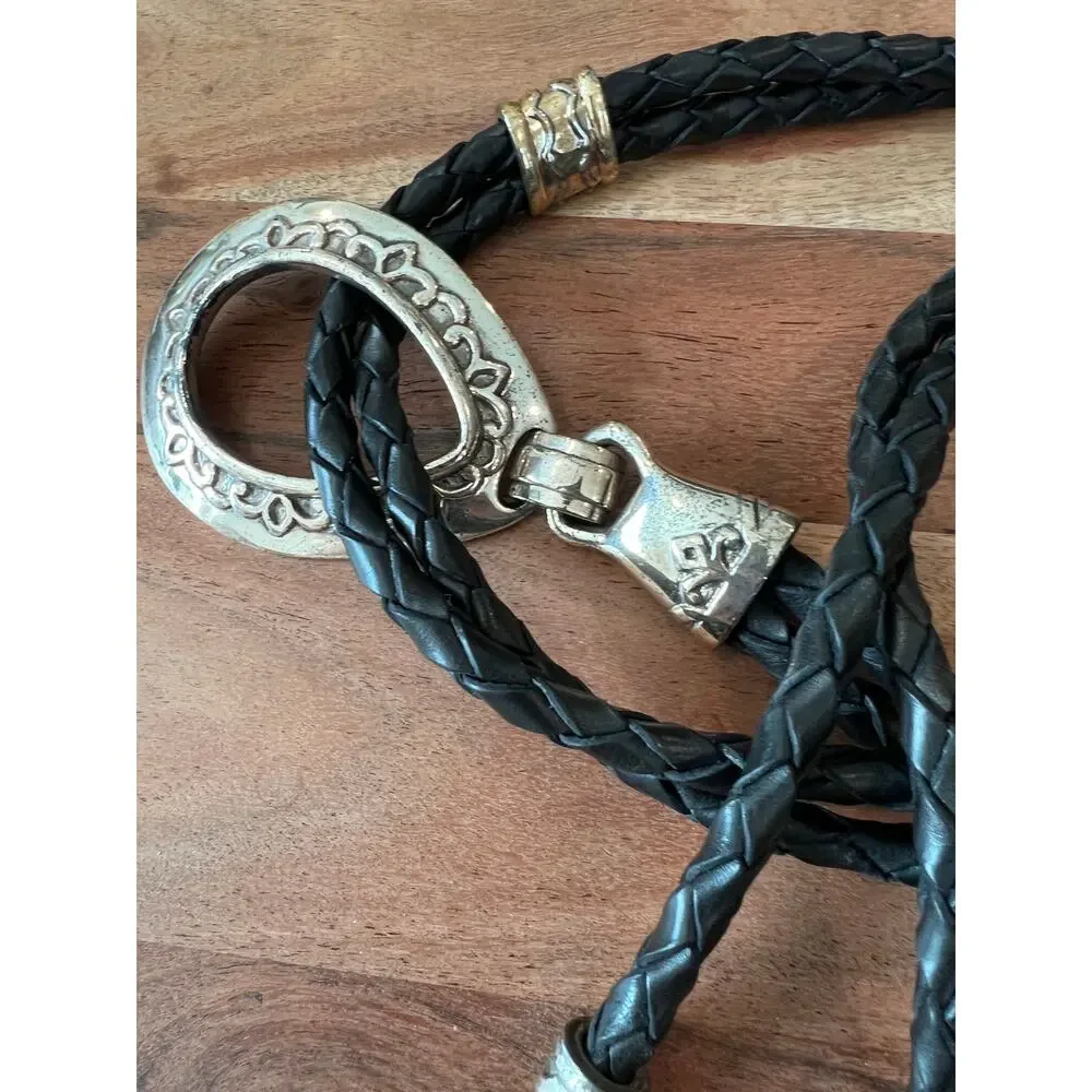 Brighton vintage 90's braided leather belt silver lariat buckle S M L XL black